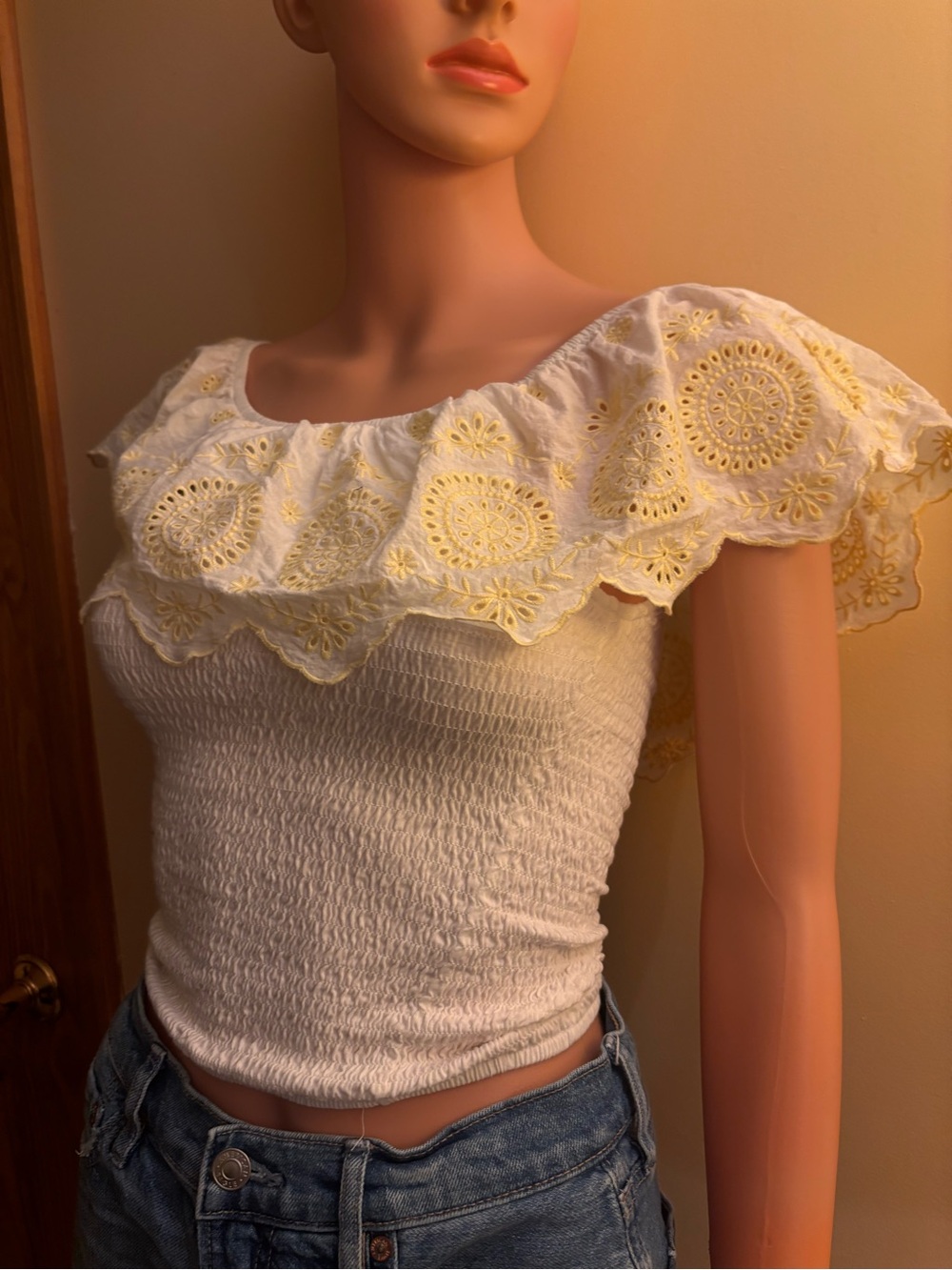Francesca's Collections White Smocked Off-Shoulder Eyelet Crop Top